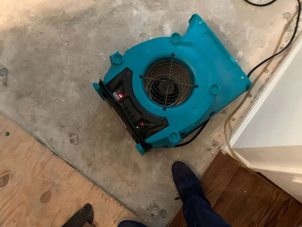 Air mover drying subfloor during Leak Detection & Repair in Helena-West Helena